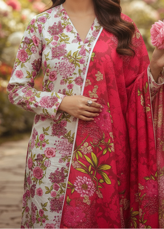 Grace W818 - Digital Printed 3pc Karandi Dress With Digital Printed Karandi Shawl.