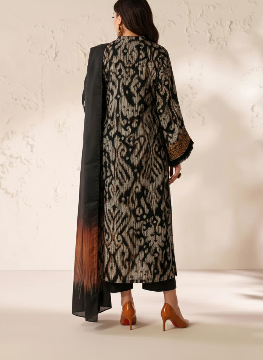 Grace W762 - Printed & Embroidered 3pc Karandi Dress With Printed Karandi Shawl.