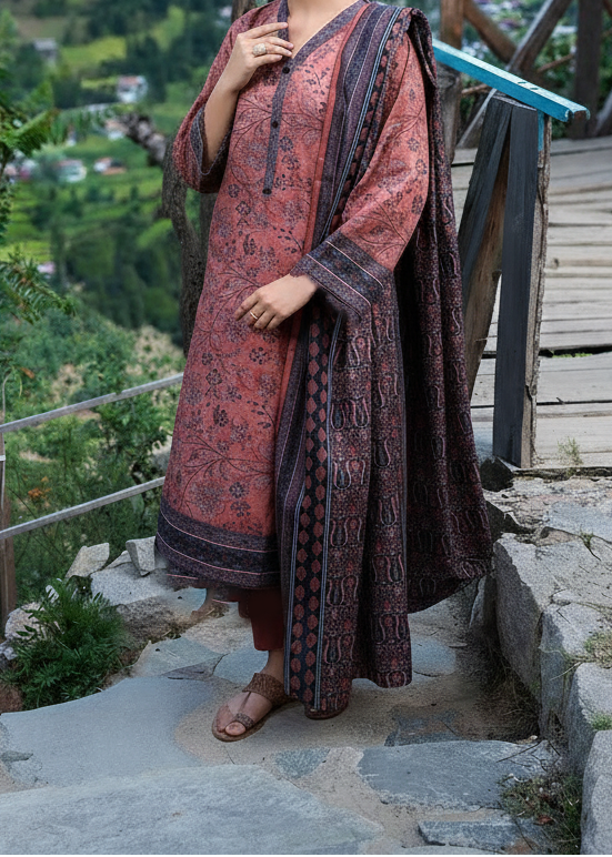 Grace W867 - Digital Printed 3pc Karandi Dress With Digital Printed Karandi Shawl.