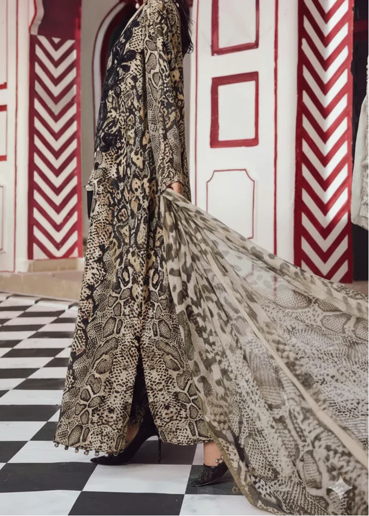 Grace W940 - Embroidered & Digital Printed 3pc Silk Dress With Digital Printed Silk Dupatta.