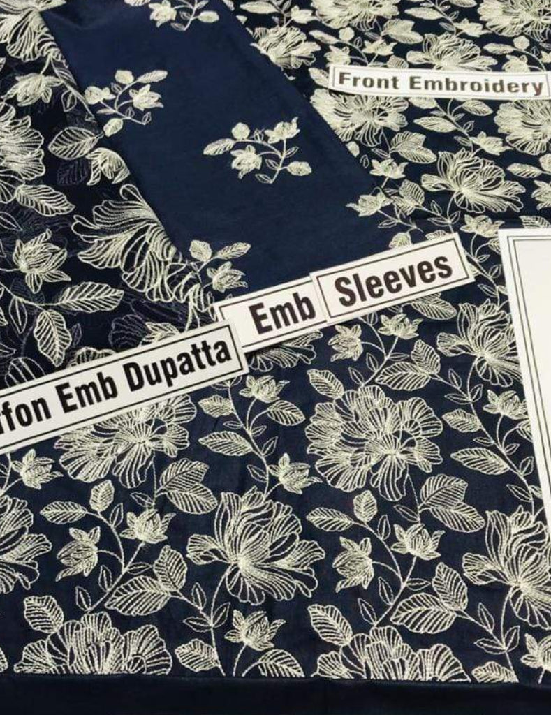 GRACE A7-Embroided 3pc linen dress with embroidered chiffon dupatta.