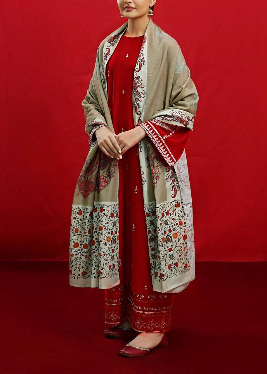 Grace W597-Embroidered 3pc khaddar dress With Printed shawl.