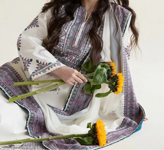 Grace Z-(W1020) - Stitched Embroidered 3pc Marina Dress With Printed Shawl.