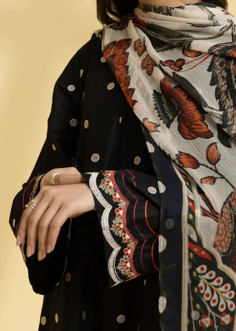 Grace Z-(W739) - Stitched Embroidered 3pc Marina Dress With Printed Shawl.