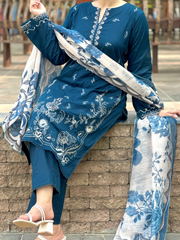 Grace Z-(W752) - Stitched Embroidered 3pc Marina Dress With Printed Shawl.