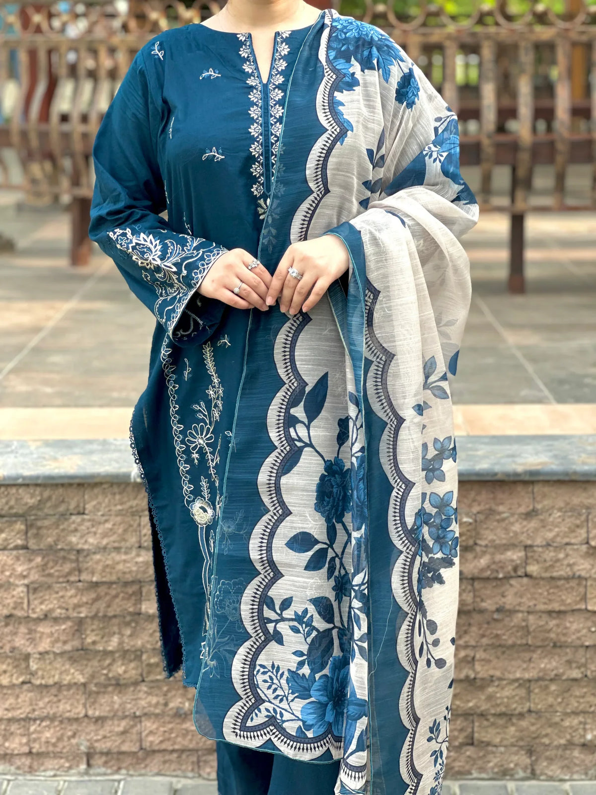 Grace W752-Embroidered 3pc Marina Dress With Printed Shawl.