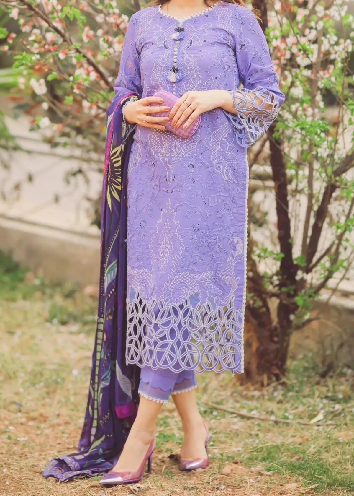 Grace W749-Embroidered 3pc Marina Dress With Printed Shawl.