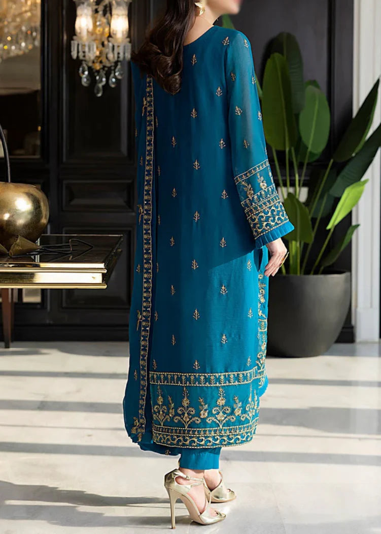 Indigo Blue– Embroidered Chiffon Unstitched 3Pc Suit.