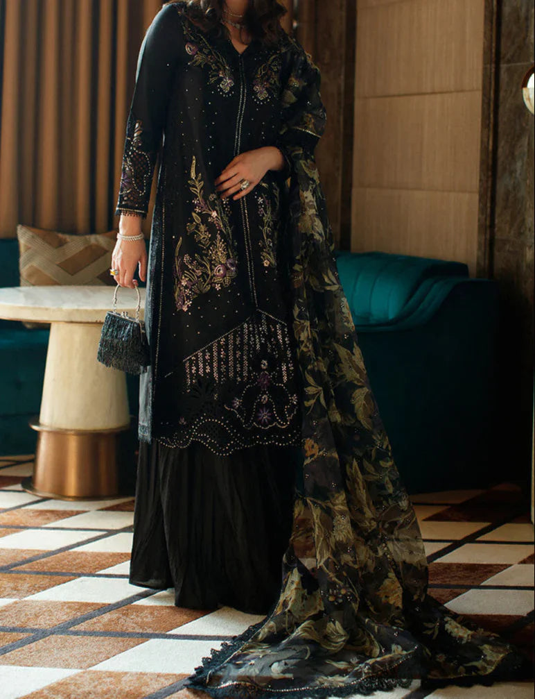 Grace W741-Embroidered Sequence 3pc CUTWORK Marina Dress With Printed Shawl.