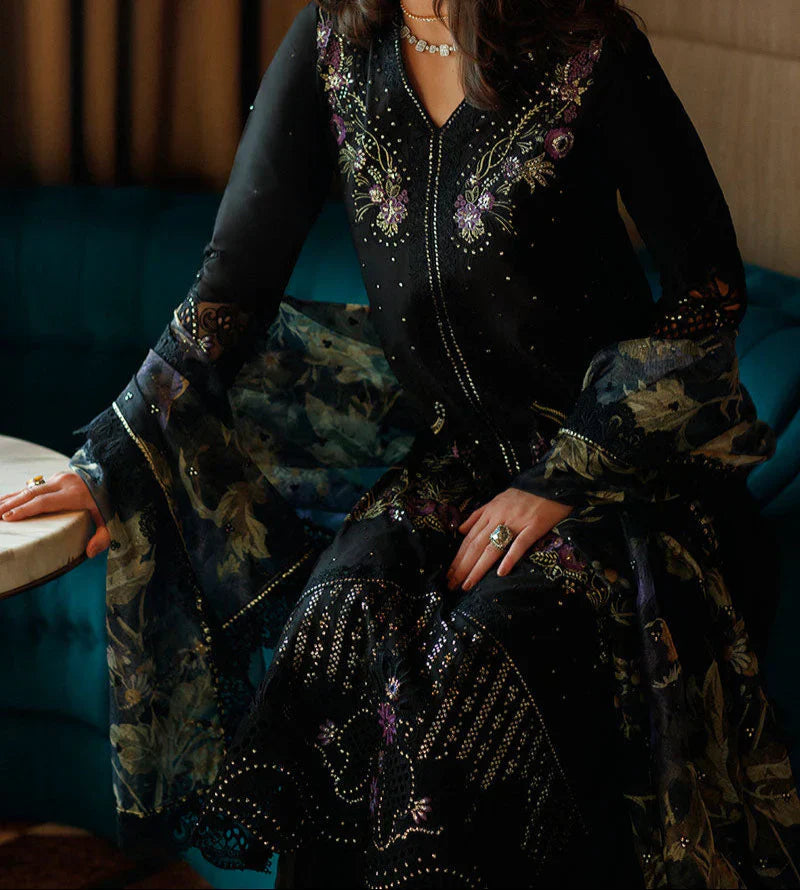 Grace Z-(W741) - Stitched Embroidered Sequence 3pc CUTWORK Marina Dress With Printed Shawl.