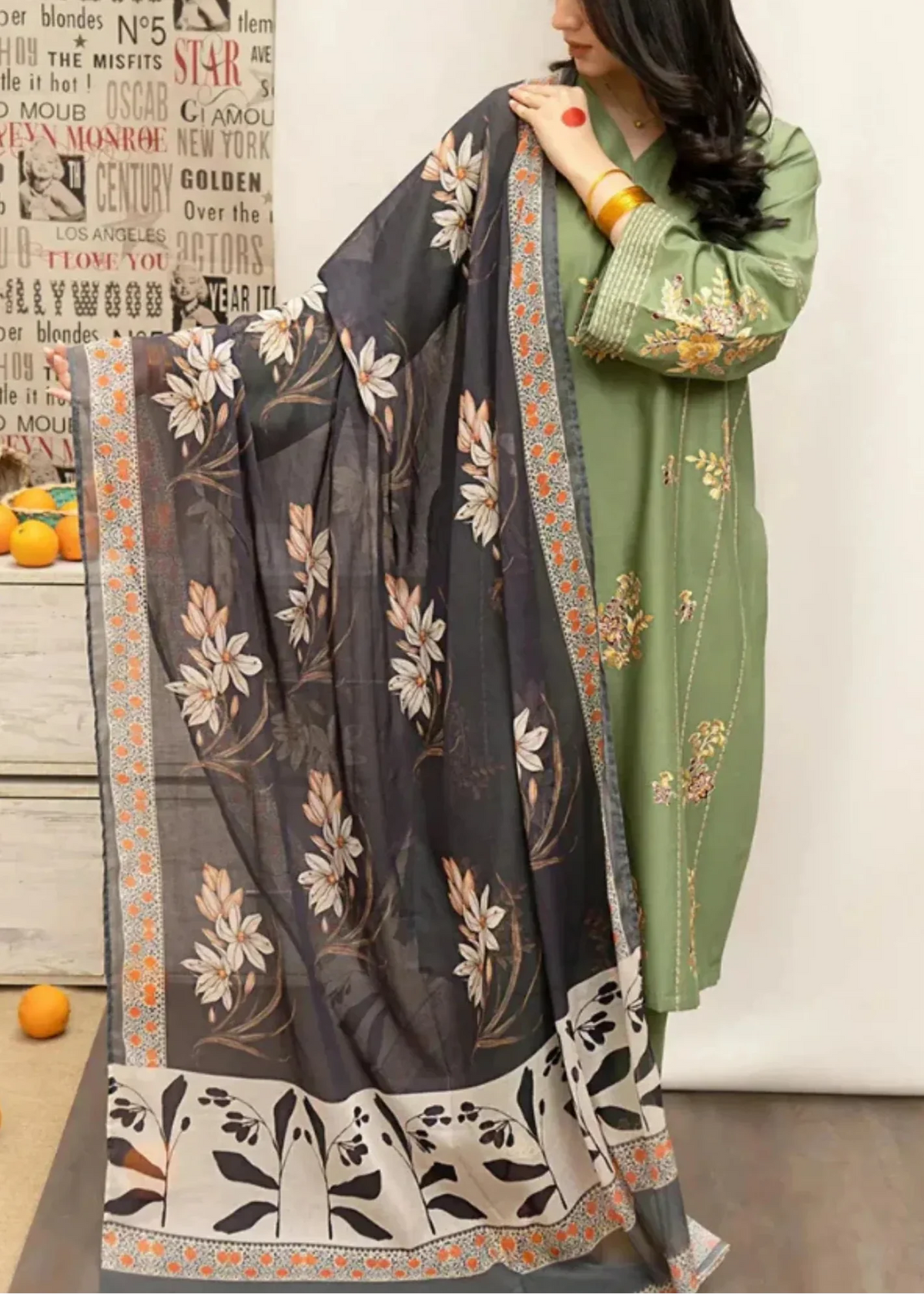 Grace Z78- Stitched Embroidered 3PC Lawn with Printed Munar Dupatta.