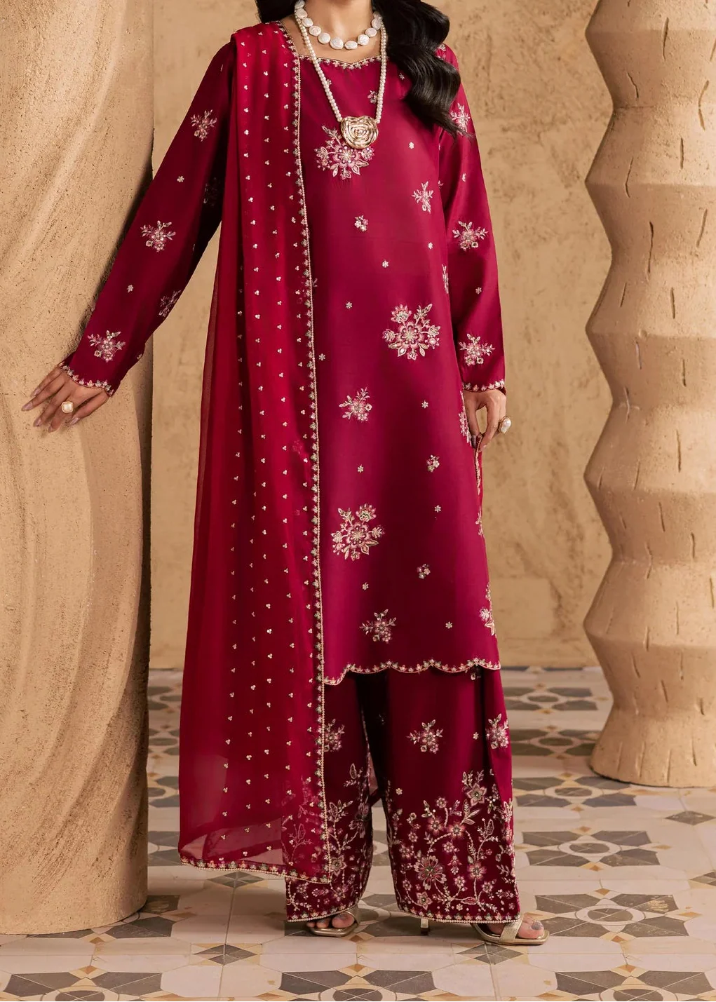 Grace S1528 - Embroidered Sequence 3pc Lawn Dress With Embroidered Sequence Chiffon Dupatta. (Copy)