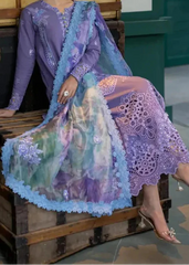 Grace W823-Embroidered 3pc CHIKANKARI Marina Dress With Printed Shawl.