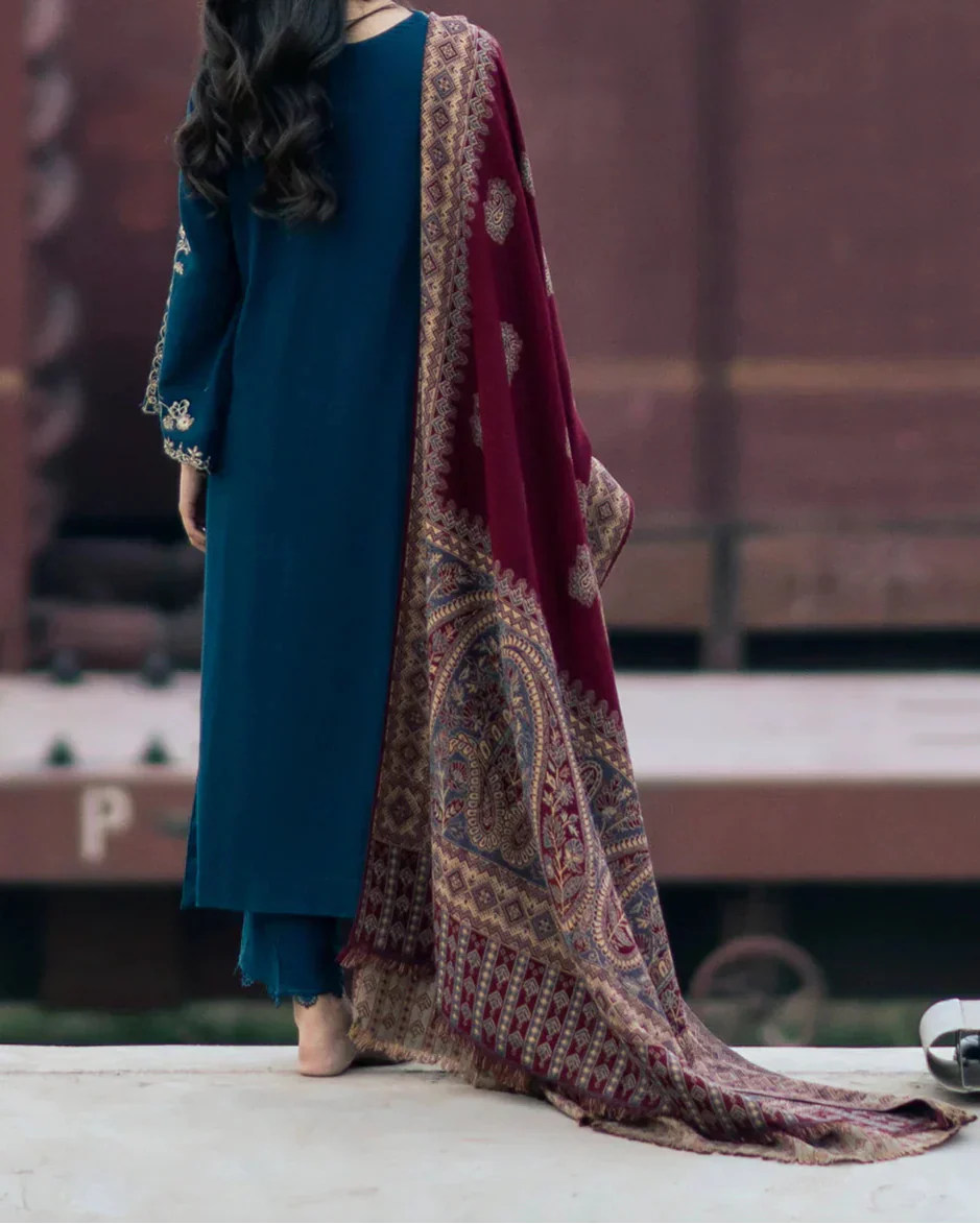 Grace W716-Embroidered CHIKANKARI 3pc Marina Dress With Printed Shawl