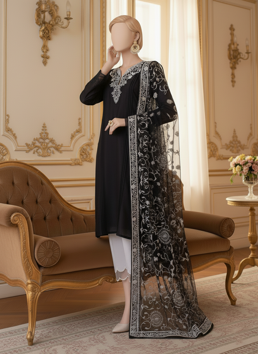 Grace W508-Embroidered 3pc marina dress with Embroidered Organza Dupatta.