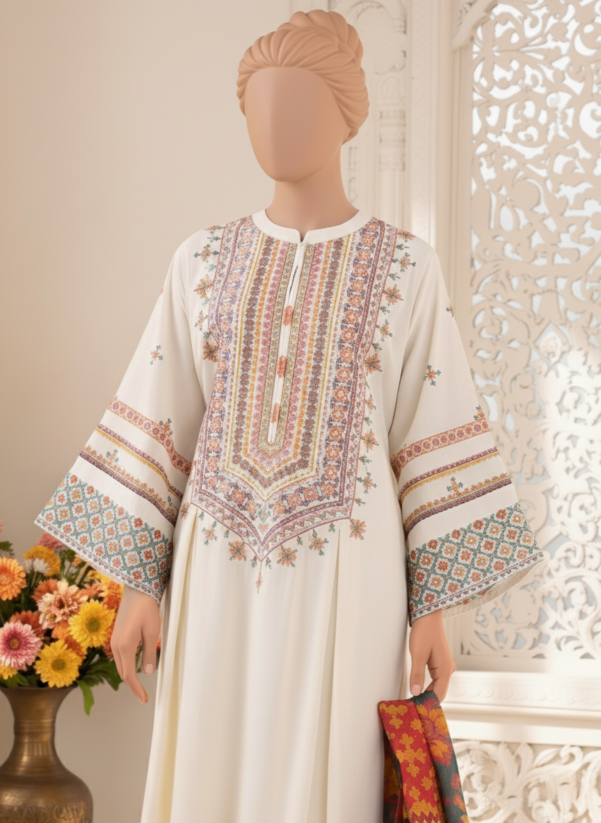 Grace W556-Embroidered 3pc marina dress with Printed shawl.