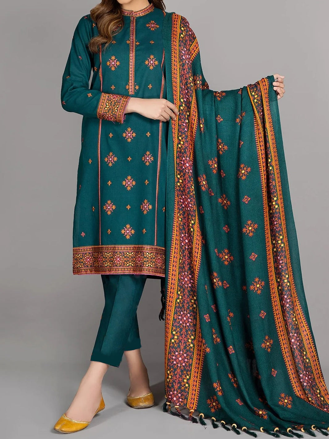 Grace W260- Embroidered 3pc linen dress with Embroidered linen shwal.