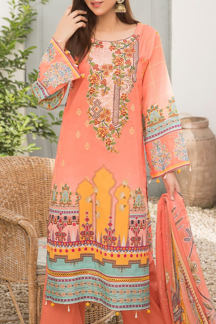 Grace S1086-Embroidered 3pc Lawn dress with Printed Chiffon Dupatta.
