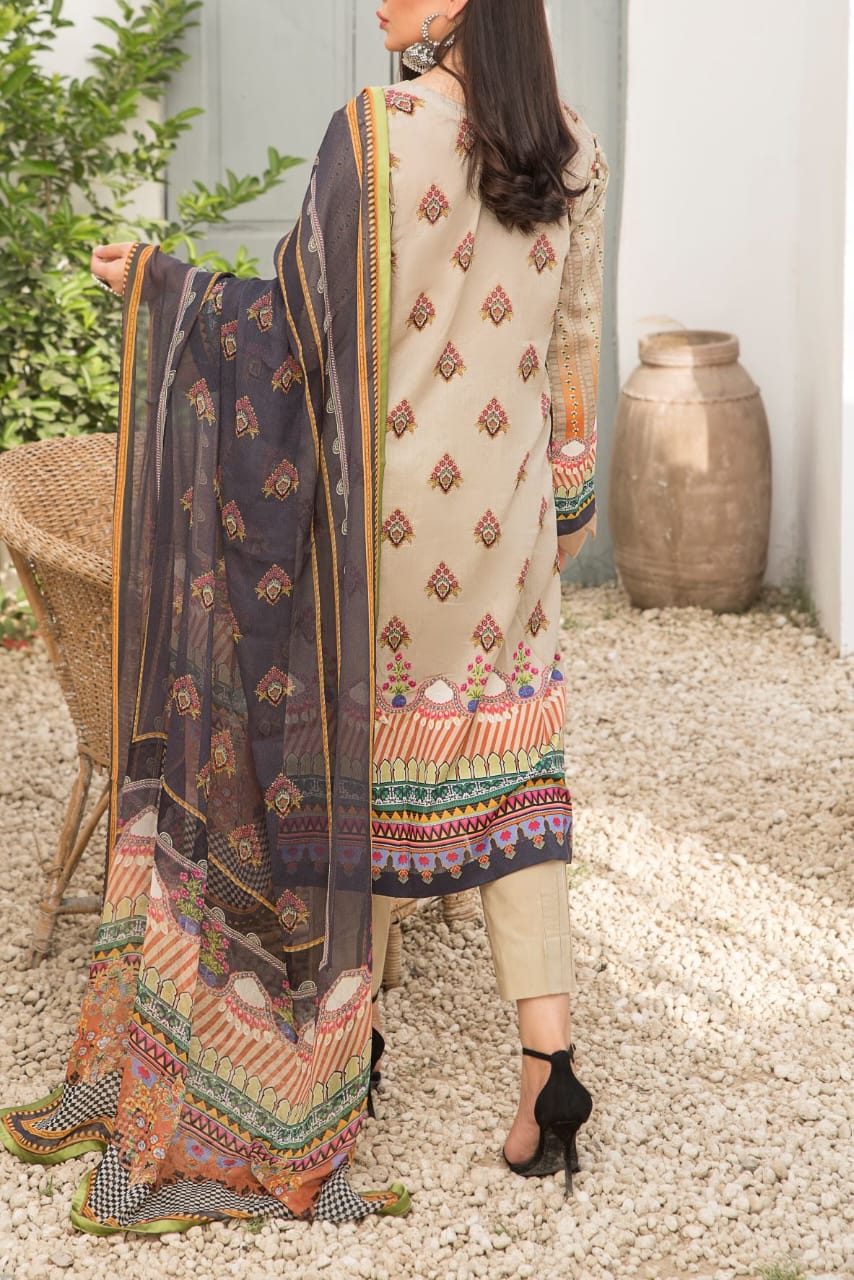Grace S1087-Embroidered 3pc Lawn dress with Printed Chiffon Dupatta.
