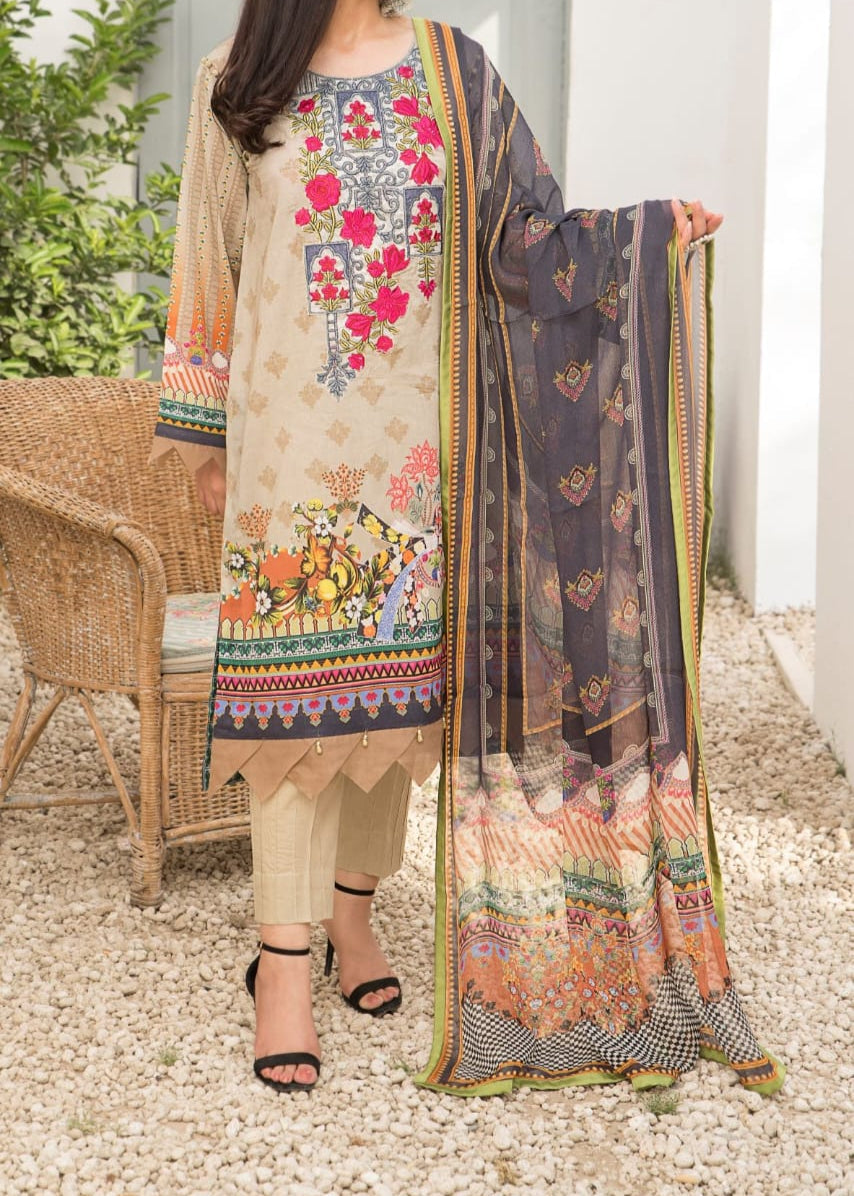 Grace S1087-Embroidered 3pc Lawn dress with Printed Chiffon Dupatta.