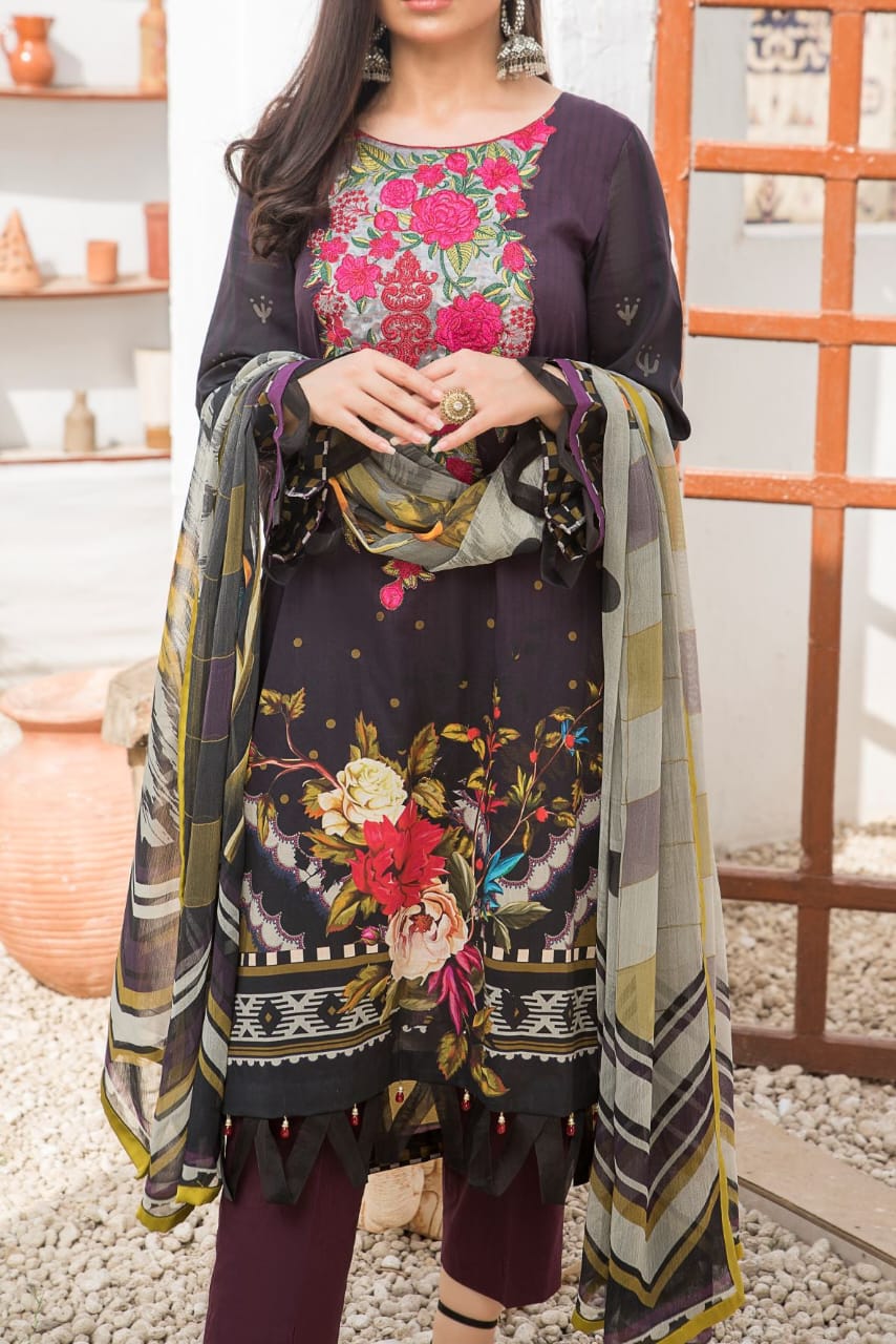 Grace S1088-Embroidered 3pc Lawn dress with Printed Chiffon Dupatta.