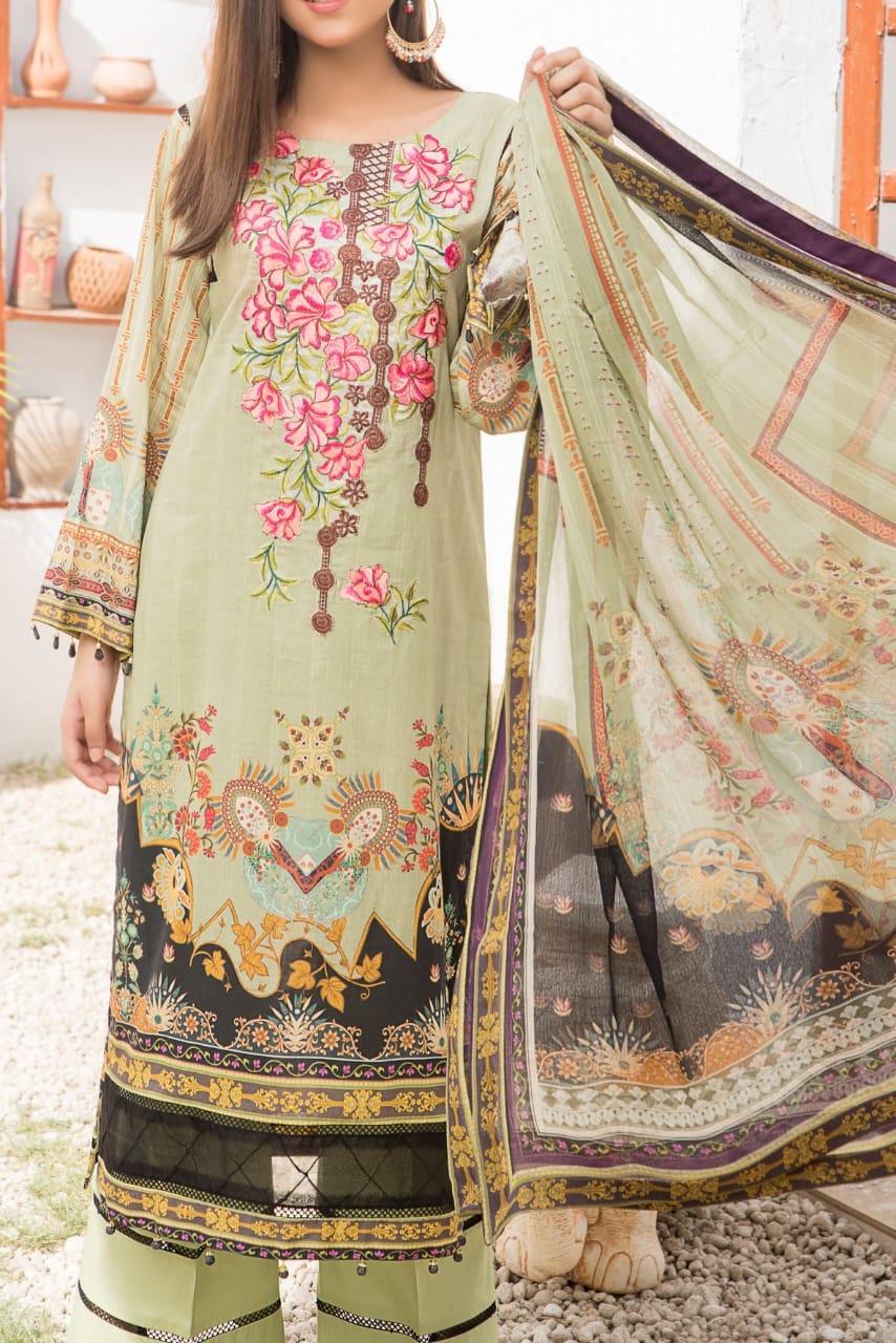 Grace S1094-Embroidered 3pc Lawn dress with Printed Chiffon Dupatta.