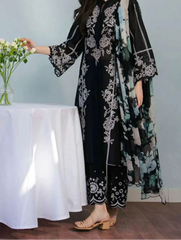 Grace W740-Embroidered 3pc Marina Dress With Printed Shawl.