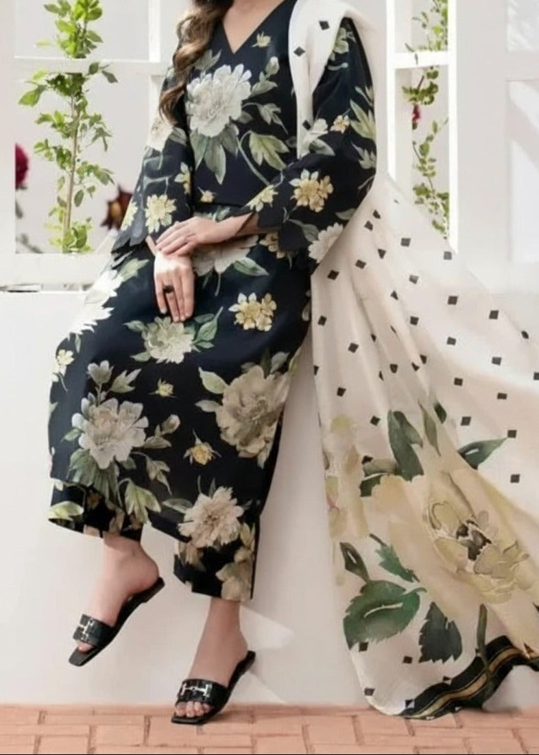 Grace W868 - Digital Printed 3pc Karandi Dress With Digital Printed Karandi Shawl.