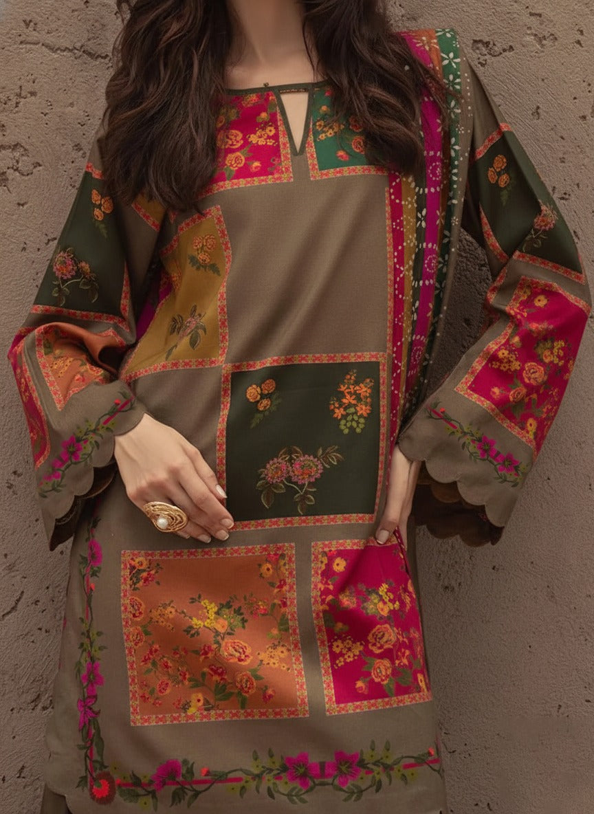 Grace W872 - Digital Printed 3pc Karandi Dress With Digital Printed Karandi Shawl.