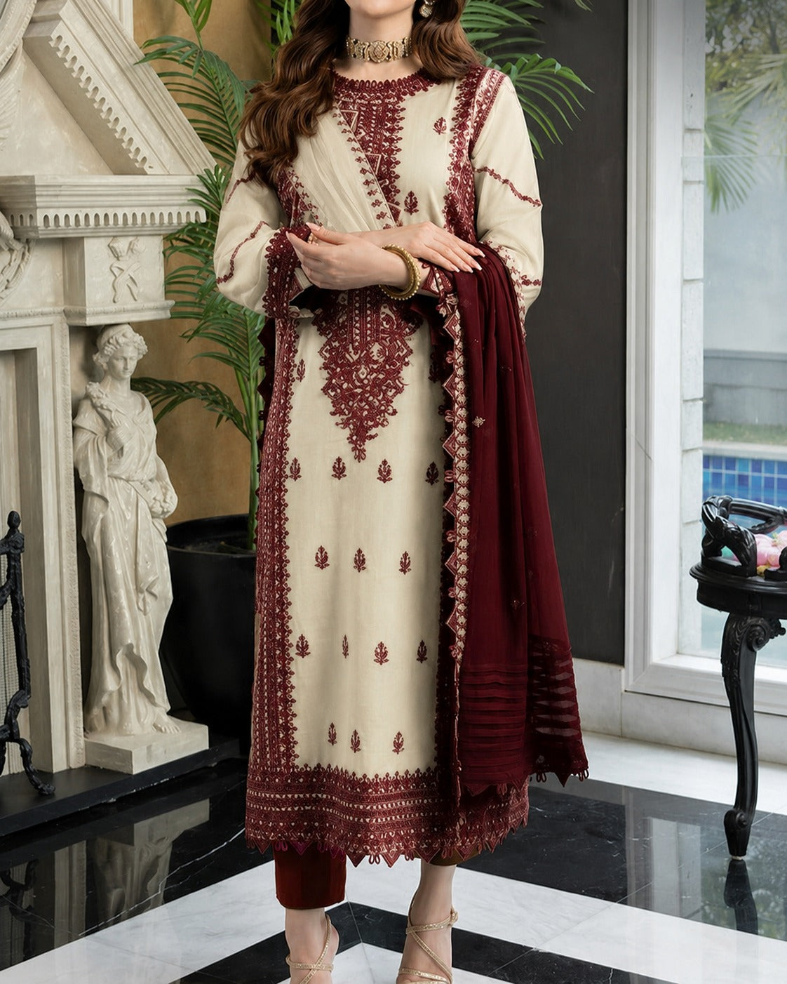 Grace S1469-Embroidered 3PC Lawn dress with Embroidered chiffon dupatta.
