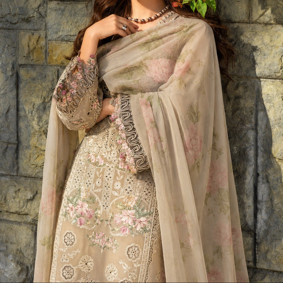 Grace W1107 - Embroidered 3pc CHIKANKARI Marina Dress With Printed  Shawl.