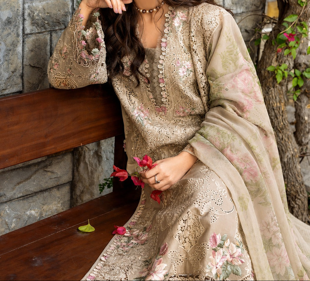 Grace W1107 - Embroidered 3pc CHIKANKARI Marina Dress With Printed  Shawl.