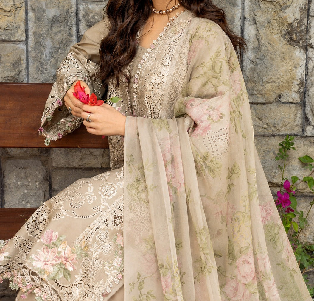 Grace W1107 - Embroidered 3pc CHIKANKARI Marina Dress With Printed  Shawl.