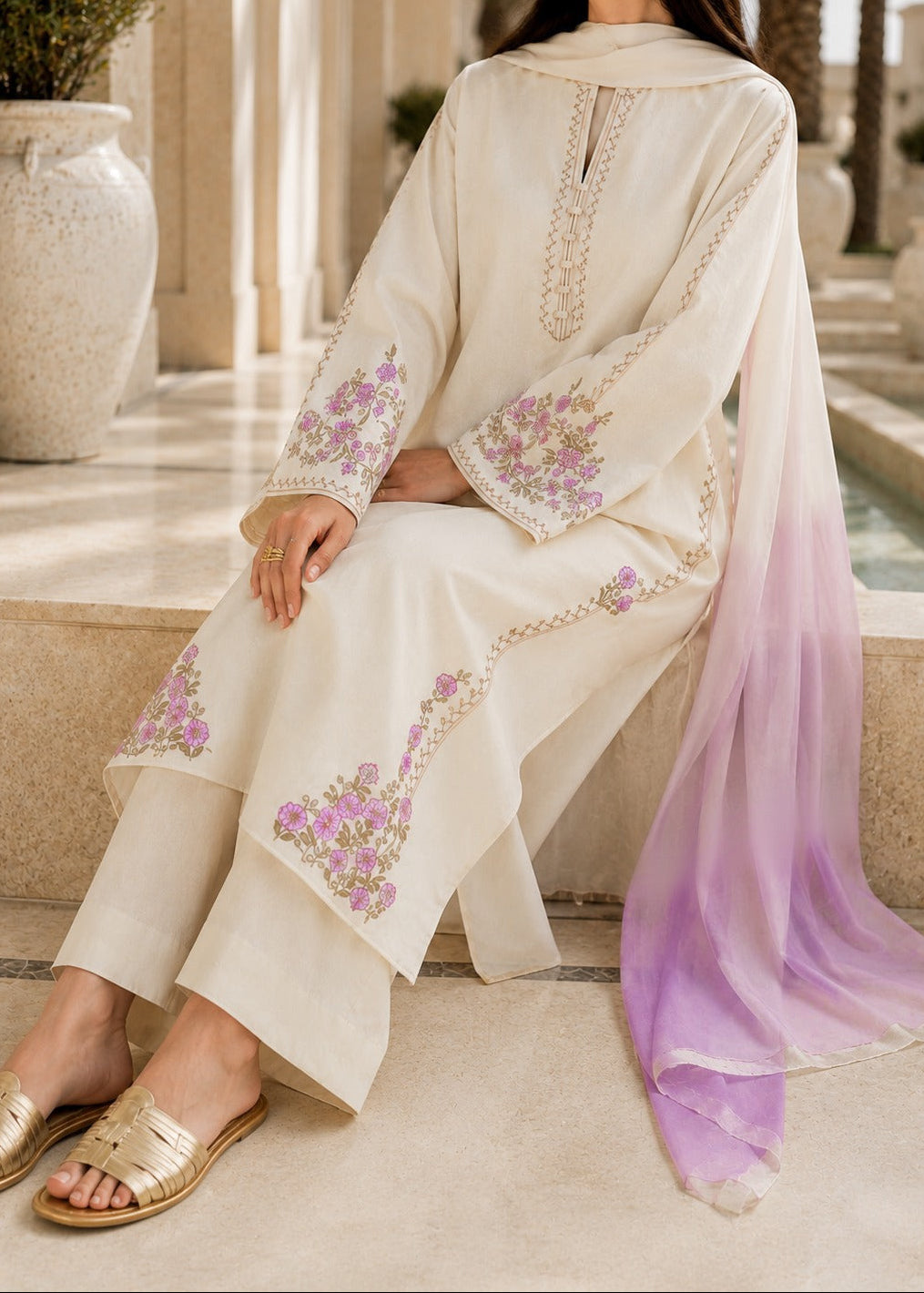 Grace S1512-Embroidered 3pc Lawn Dress With Tie & Dye Chiffon Dupatta. – Katran