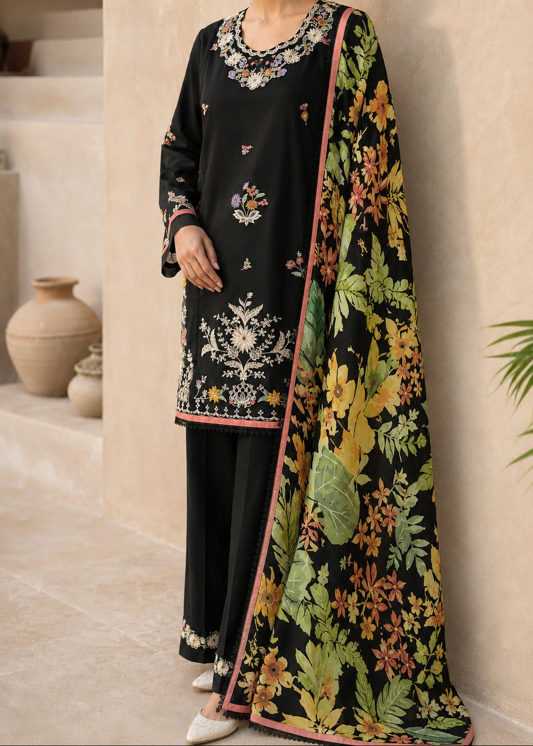 Grace S1535-Embroidered 3pc Lawn Dress With Printed Chiffon Dupatta.