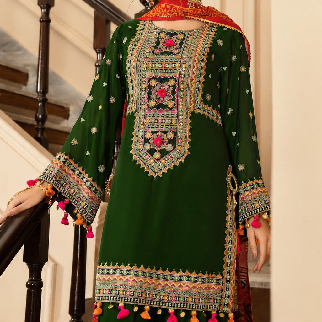 Grace W1093 - Embroidered 3pc Marina Dress With Printed Shawl.
