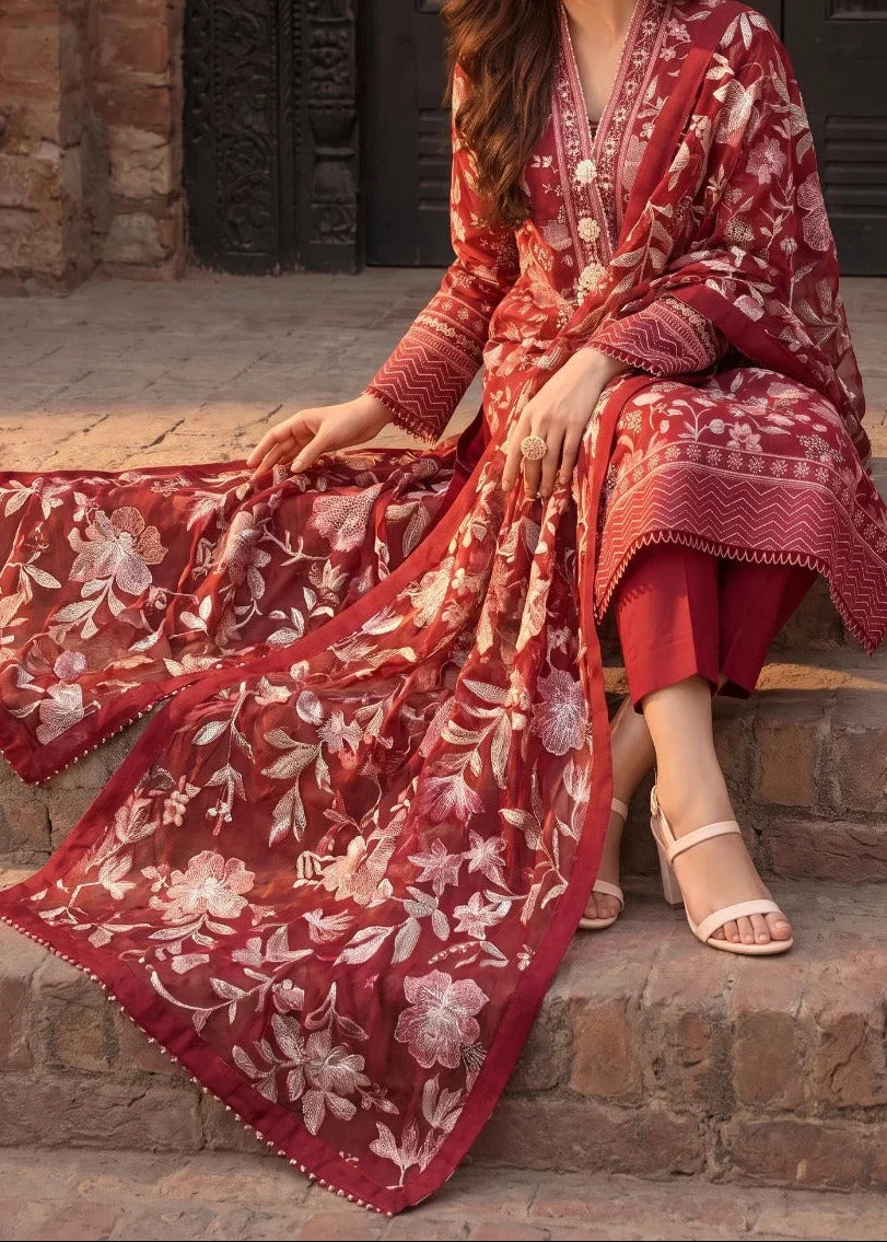 Grace Z-(W1045) - Stitched Embroidered 3pc Marina Dress With Embroidered Chiffon Dupatta.