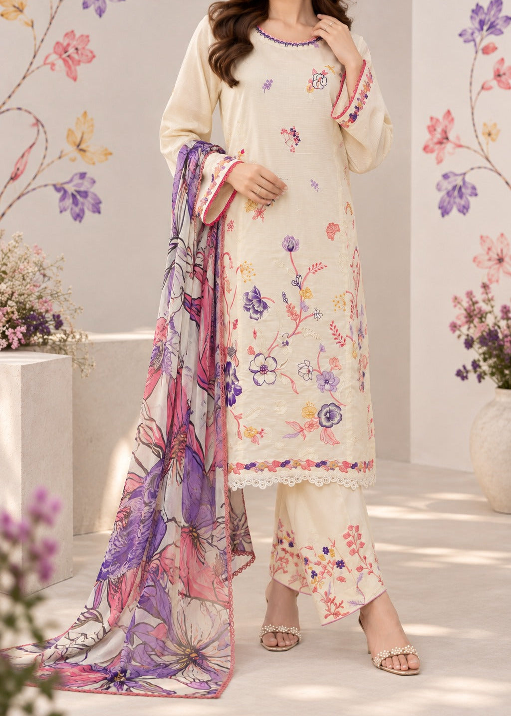 Grace S1625 - Embroidered 3pc Lawn Dress With Printed Chiffon Dupatta.