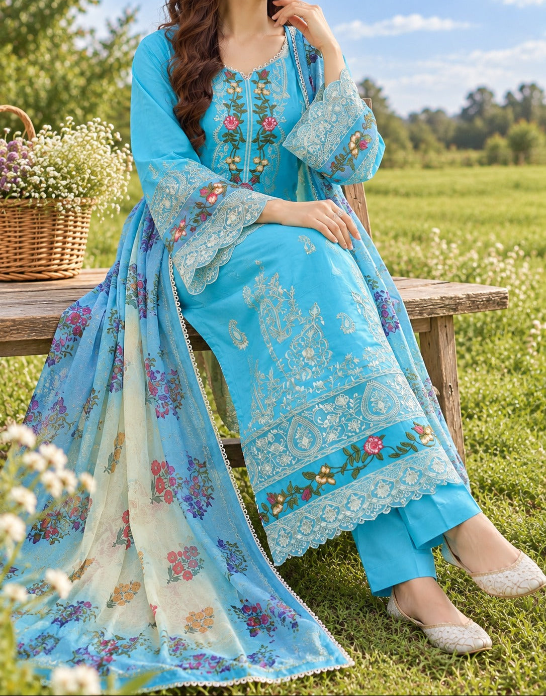 Grace S1626 - Embroidered 3pc Lawn Dress With Printed Polly Lawn Dupatta.
