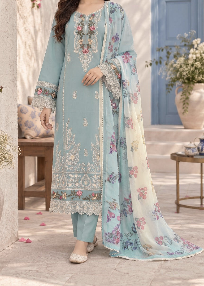 Grace W1116 - Embroidered 3pc Marina Dress With Printed Shawl.