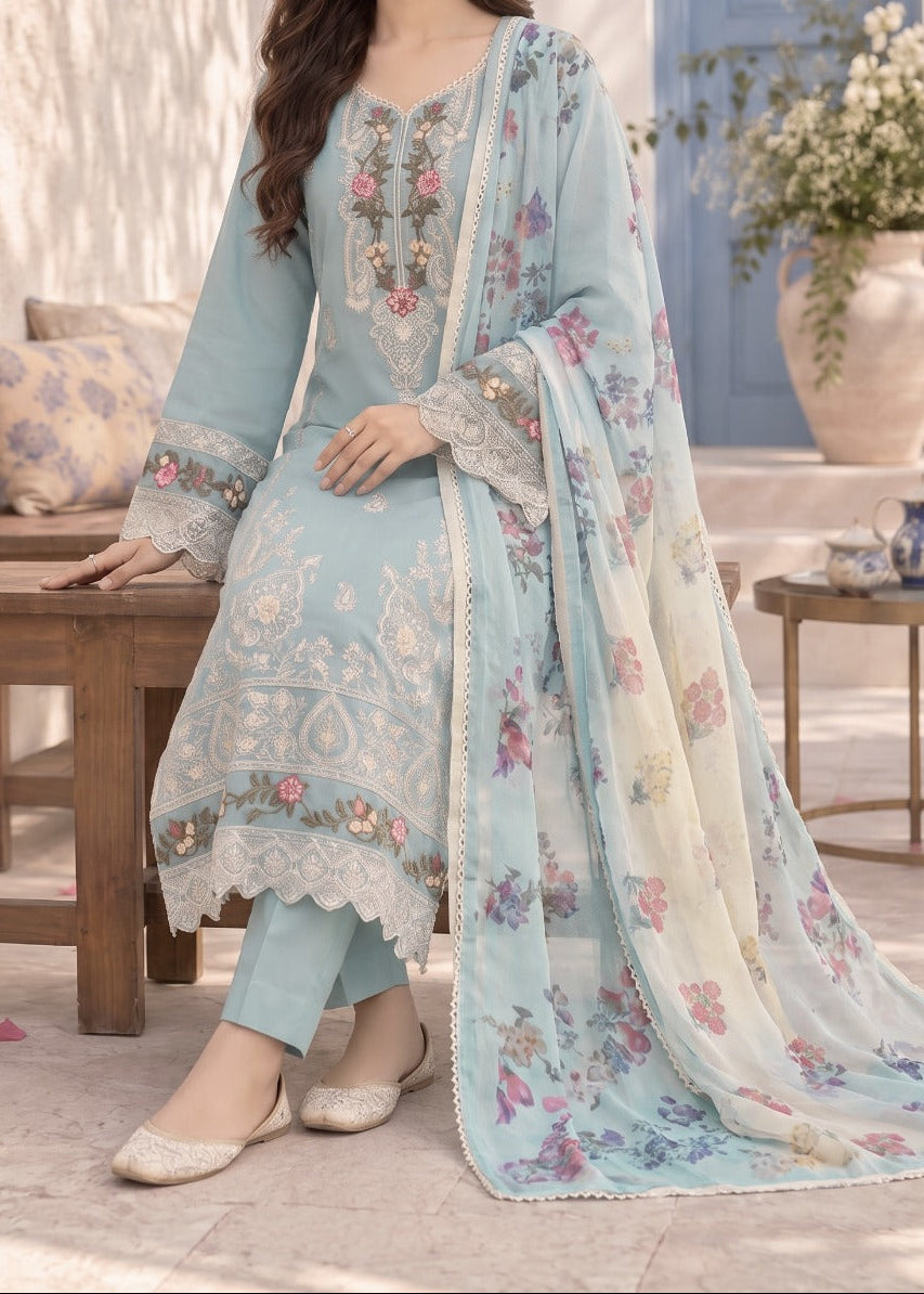 Grace W1116 - Embroidered 3pc Marina Dress With Printed Shawl.