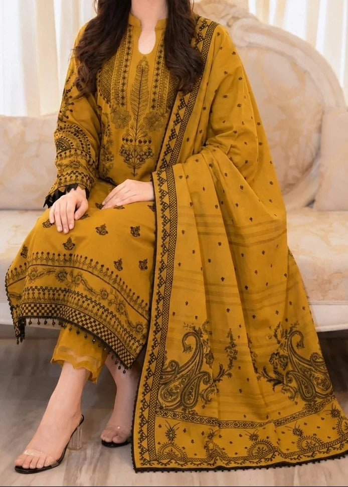 Grace Z-(W1082) - Stitched Embroidered 3pc Marina Dress With Printed Shawl.