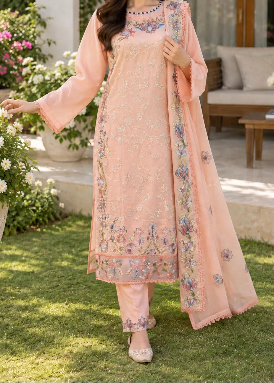 Grace Z-(W1086) - Stitched Embroidered 3pc Marina Dress With Embroidered Marina Shawl.