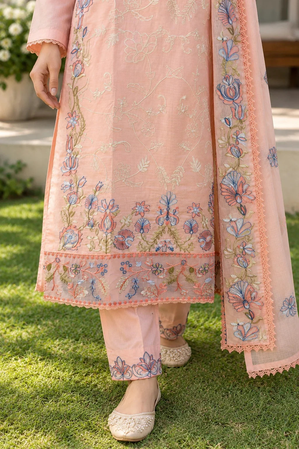 Grace Z-(W1086) - Stitched Embroidered 3pc Marina Dress With Embroidered Marina Shawl.