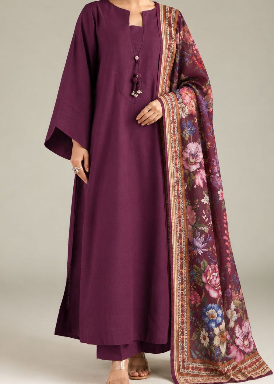 Grace W1101 - Dyed 3pc Marina Dress With Printed Polyester Shawl.