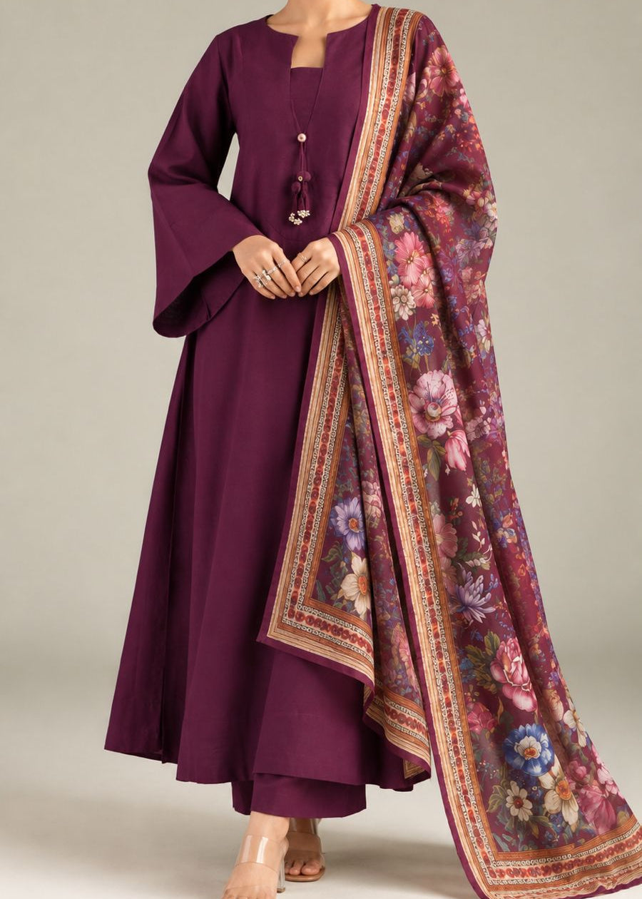 Grace W1101 - Dyed 3pc Marina Dress With Printed Polyester Shawl.