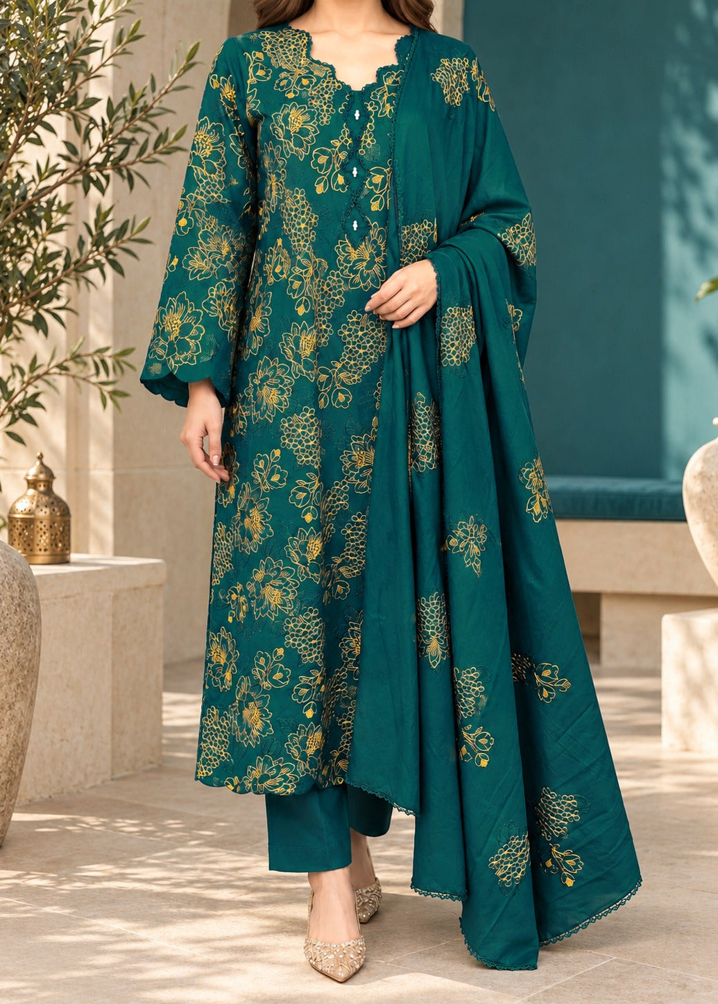 Grace W1103 - Embroidered 3pc Marina Dress With Embroidered Marina Shawl.