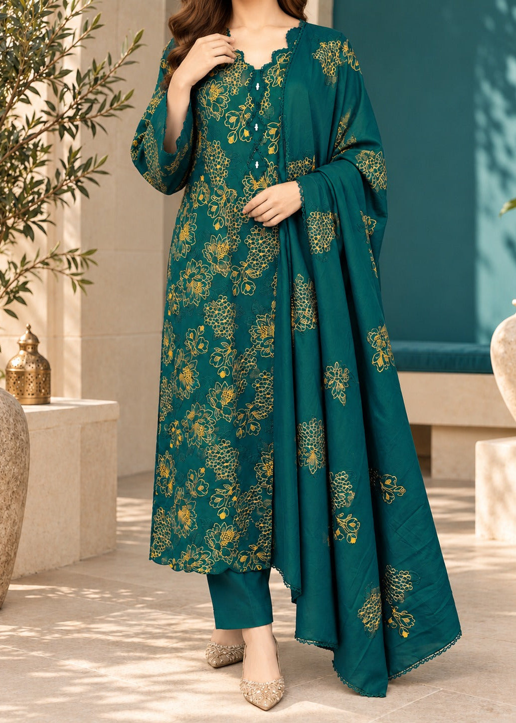 Grace W1103 - Embroidered 3pc Marina Dress With Embroidered Marina Shawl.