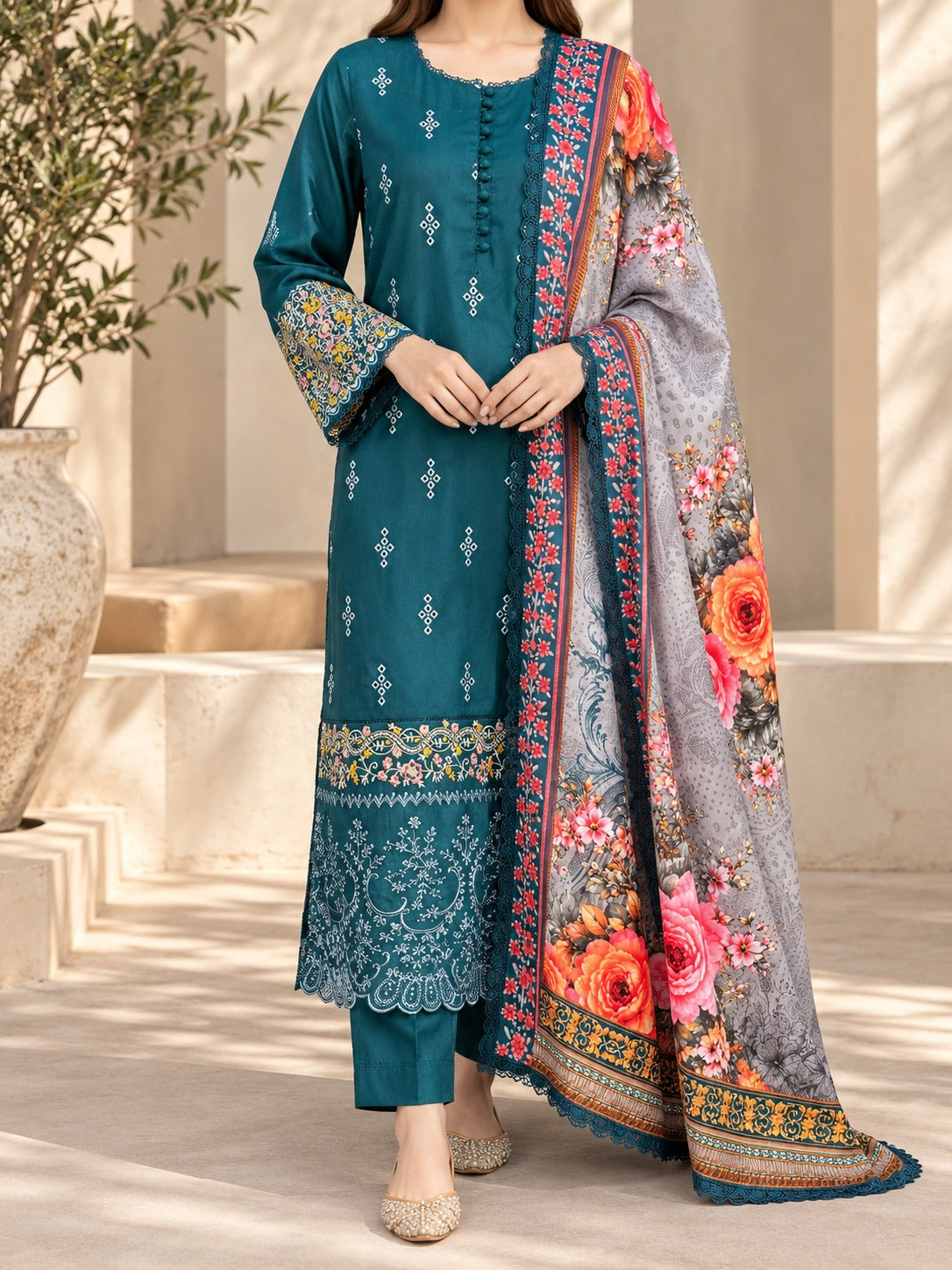 Grace W1083 - Embroidered 3pc Chikankari Marina  Dress With Printed Shawl.