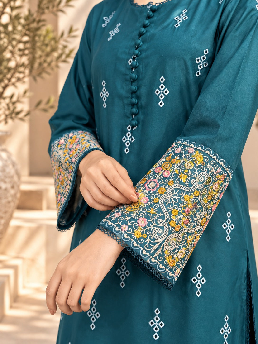 Grace W1083 - Embroidered 3pc Chikankari Marina  Dress With Printed Shawl.